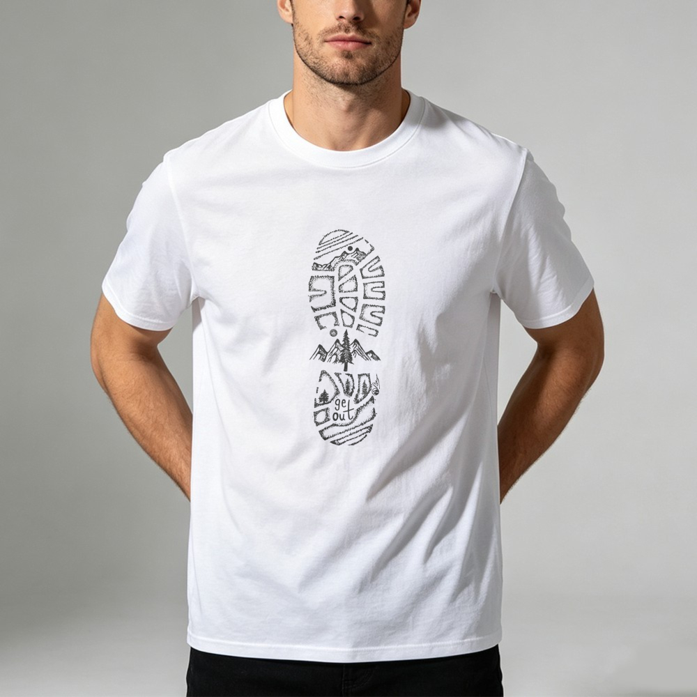 Outdoor Adventure Quotes - Mountain Landscape Boot Print T-Shirt Hiking